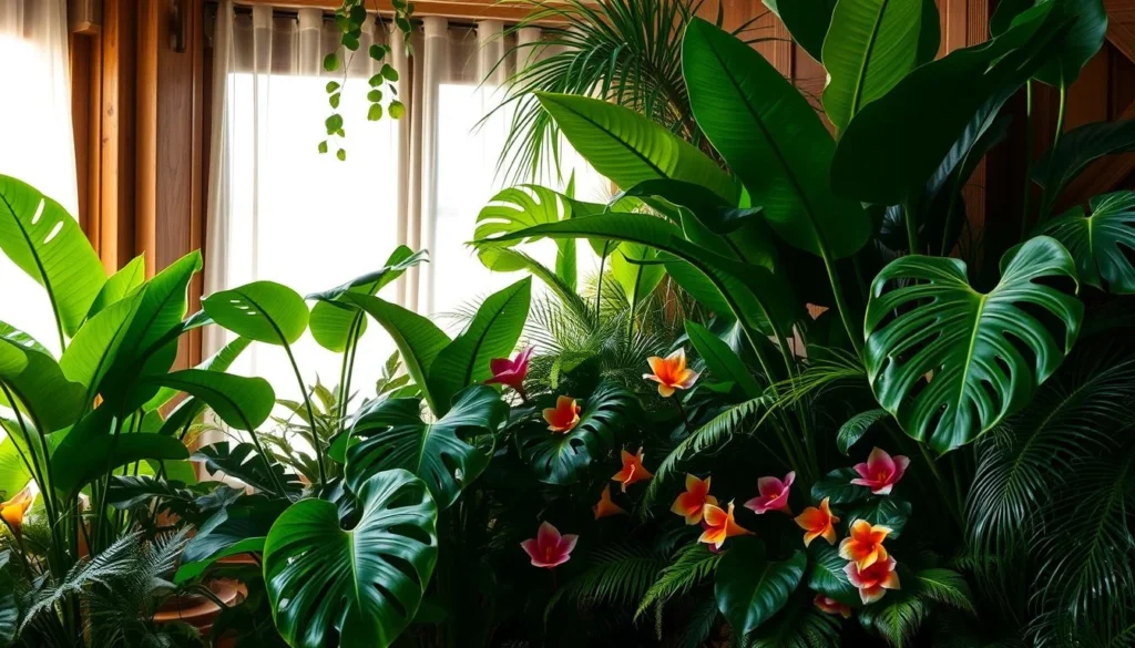 Plantes tropicales dans un salon, ajoutant une ambiance exotique et une touche de verdure à l’intérieur moderne.