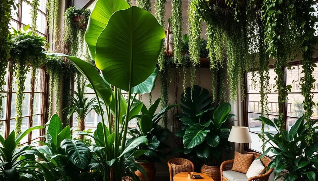 Grands végétaux d’intérieur dans un salon, ajoutant de la verdure et un accent naturel à la décoration moderne de la pièce.