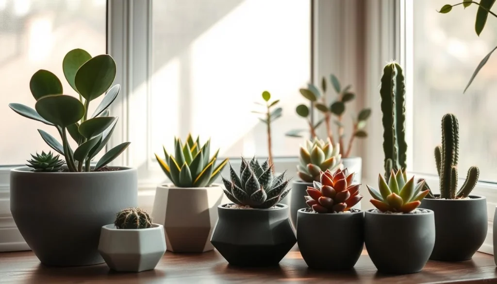 Plantes grasses et succulentes disposées devant une fenêtre, apportant une touche de verdure et de fraîcheur à l’intérieur.