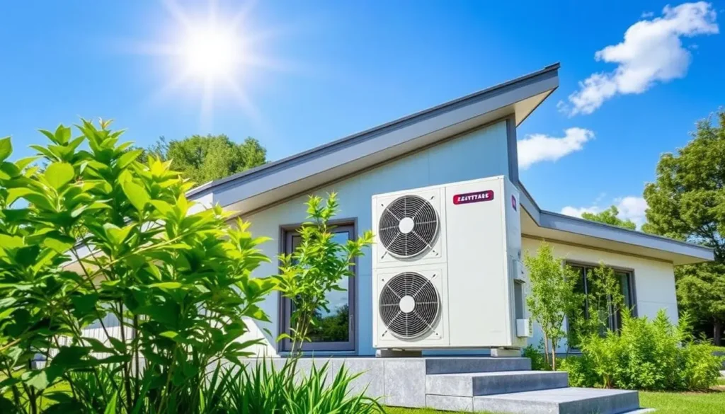 Pompe à chaleur extérieure installée près du mur de la maison pour un chauffage écologique.