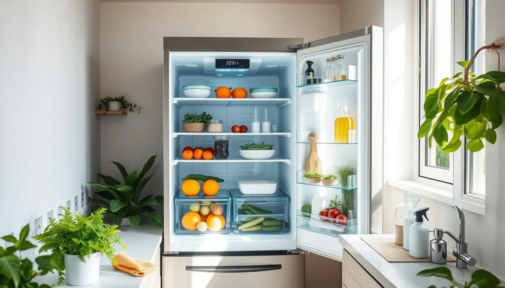 Réfrigérateur éco-énergétique ouvert dans une cuisine moderne, illustrant une solution pour réduire la consommation d'énergie.