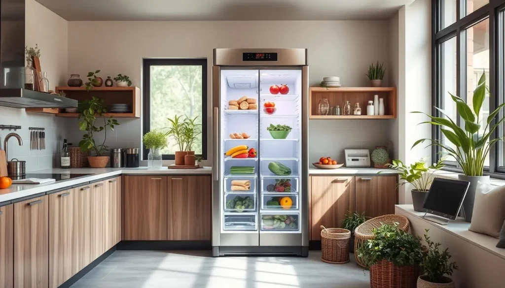 Une cuisine moderne avec un réfrigérateur éco-énergétique transparent, conçu pour allier esthétique et performance énergétique