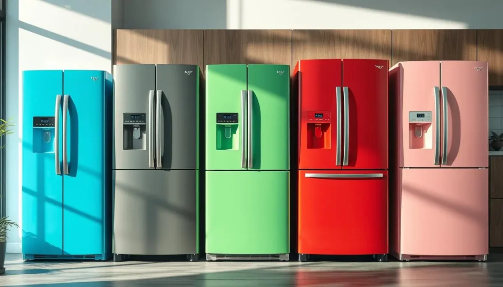 Une sélection de réfrigérateurs éco-énergétiques de couleurs variées, adaptés à différents styles de cuisine.