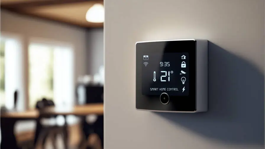 Thermostat intelligent connecté installé dans un salon moderne, optimisant la gestion de la température avec des applications IA écologiques.
