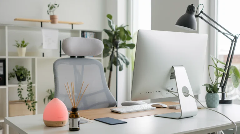 Bureau moderne avec des accessoires indispensables pour la productivité à domicile : support ergonomique, lampe de bureau, gestion de câbles, et diffuseur d'huiles essentielles.