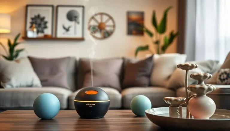 Divers outils anti-anxiété disposés sur une table en bois, incluant un diffuseur d'huiles essentielles, une lampe de sélénite, des infusions au CBD, et d'autres objets relaxants.