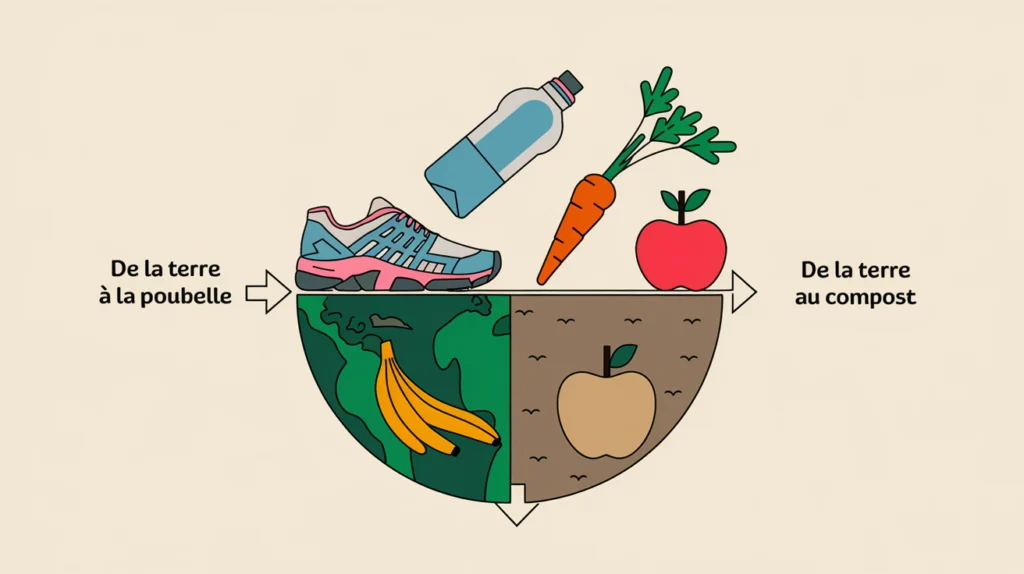 Infographie comparant le cycle d’un aliment : de la terre à la poubelle vs de la terre au compost.