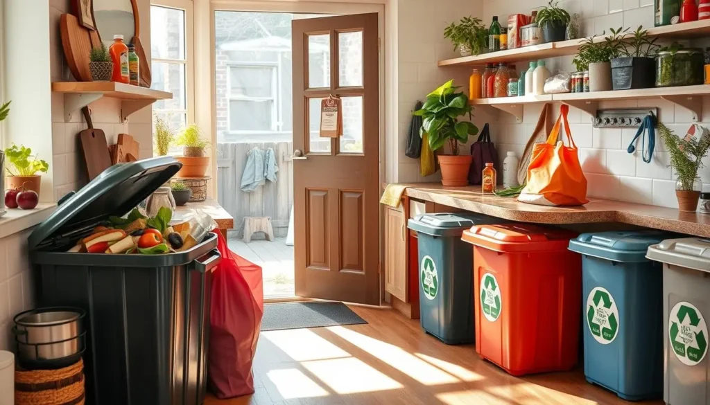 Astuces pour une cuisine écologique zéro déchet – vue d'une pièce avec plusieurs poubelles de tri dédiées au papier, plastique, verre et déchets organiques.