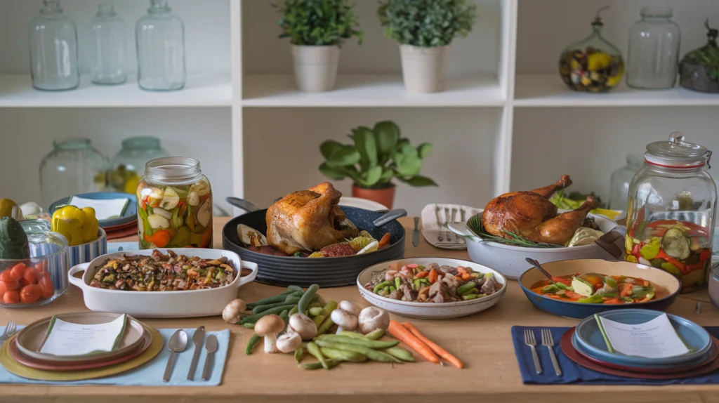 Table de salon élégamment dressée avec vaisselle, couverts et verres, prête pour un repas.