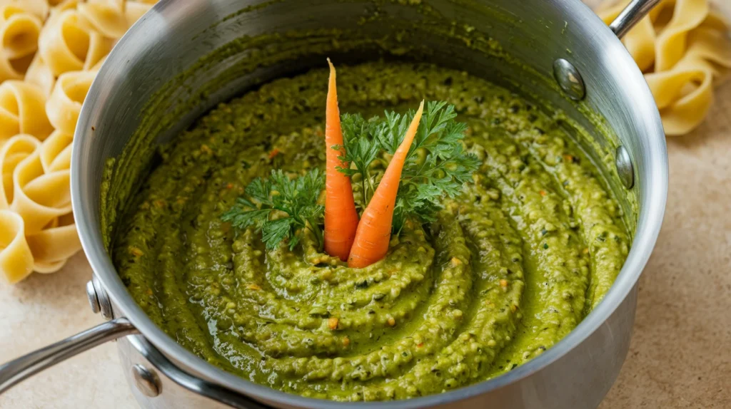Pot de pesto vert vif à base de fanes de carottes, avec des pâtes en arrière-plan.