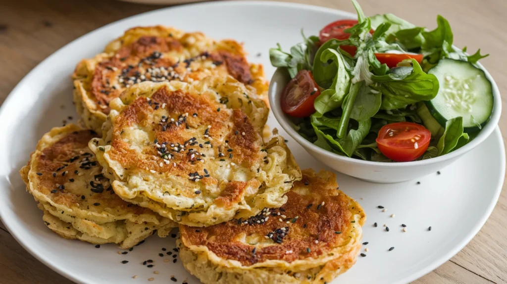 Assiette de galettes dorées à base d'okara, accompagnées de légumes frais