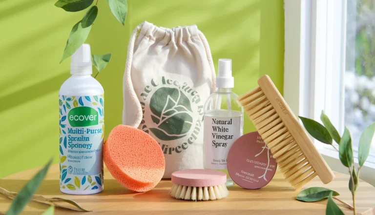 Ensemble de produits nettoyage écolos pas cher : spray, lessive, pierre d’argile et brosse bambou sur table avec plantes vertes.