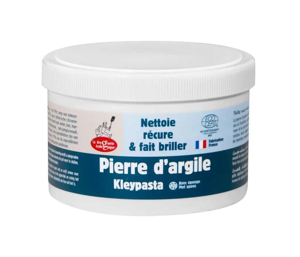 Pierre d’argile dégraissante en pot en verre, texture pâteuse, nettoyant écologique pour surfaces grasses et encrassées.