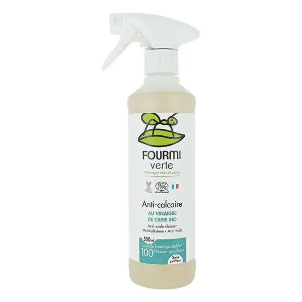 Spray au Vinaigre Blanc Bio avec vaporisateur, étiquette verte, efficace contre le calcaire sur surfaces sanitaires.