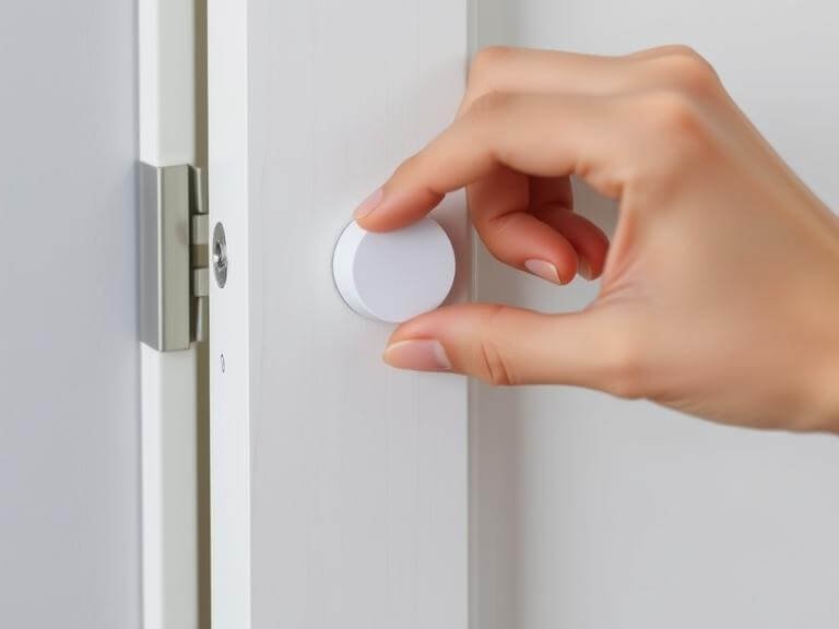 Main collant délicatement un capteur d'ouverture de porte sans fil, une solution de domotique simple pour locataire.