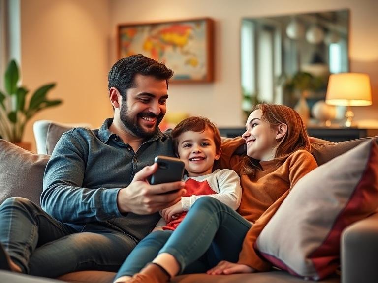 Famille souriante sur un canapé utilisant un smartphone pour contrôler l'éclairage de leur maison connectée, illustrant le confort de la domotique familiale.