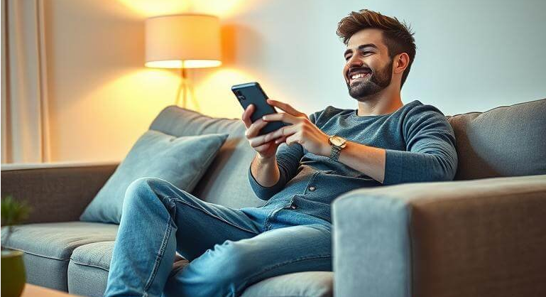 Homme souriant contrôlant sa maison connectée depuis son smartphone, illustrant le confort de la domotique pour locataire.